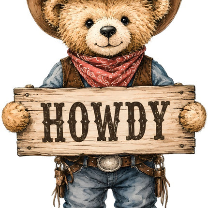 Cowboy Howdy Teddy Bear 100% Cotton Fabric Panel Block Quilt Square AAC202