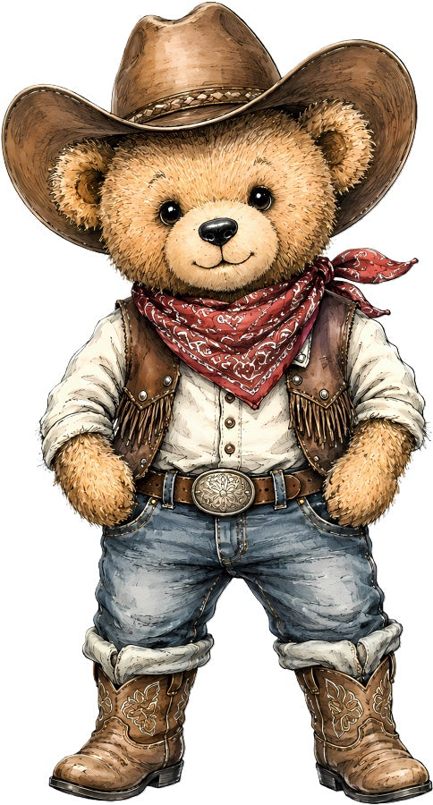 Cowboy Teddy Bear 100% Cotton Fabric Panel Block Quilt Square AAC205