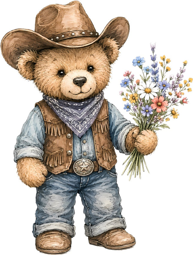 Cowboy Teddy Bear 100% Cotton Fabric Panel Block Quilt Square AAC206