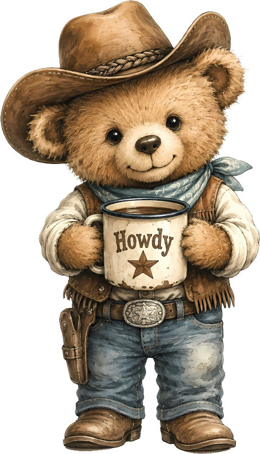 Cowboy Teddy Bear 100% Cotton Fabric Panel Block Quilt Square AAC209