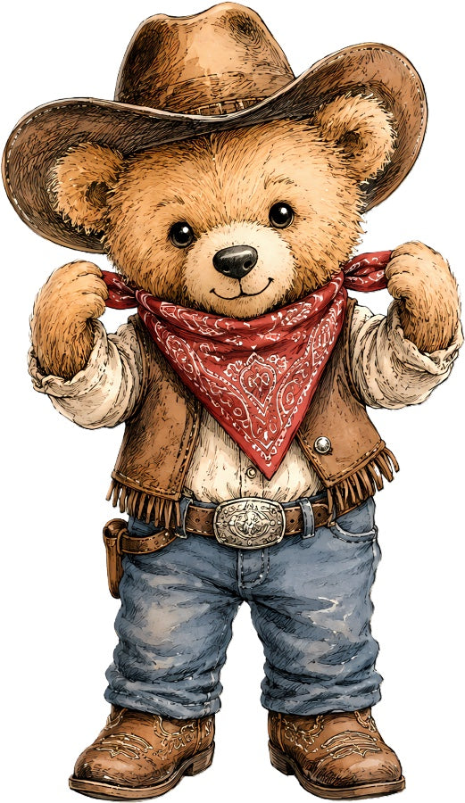 Cowboy Teddy Bear 100% Cotton Fabric Panel Block Quilt Square AAC210