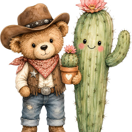 Cowboy Teddy Bear 100% Cotton Fabric Panel Block Quilt Square AAC214