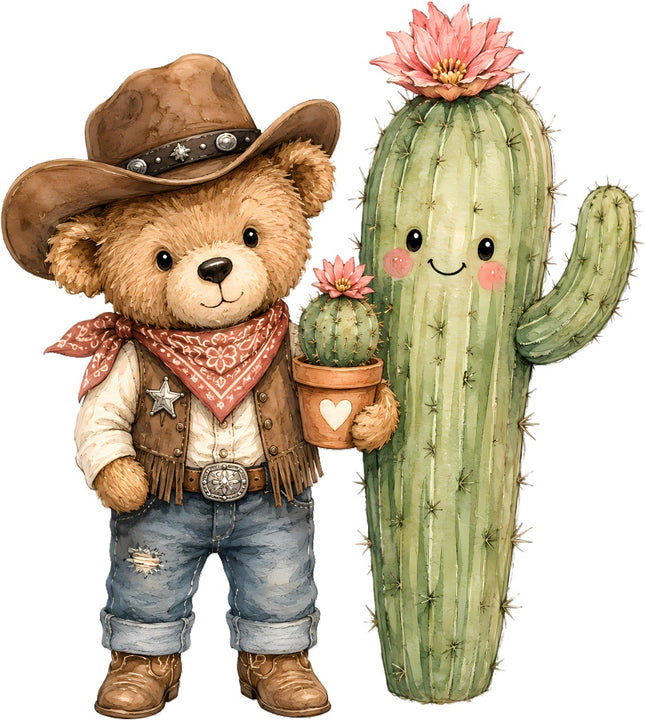 Cowboy Teddy Bear 100% Cotton Fabric Panel Block Quilt Square AAC214