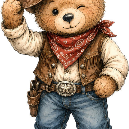 Cowboy Teddy Bear 100% Cotton Fabric Panel Block Quilt Square AAC215