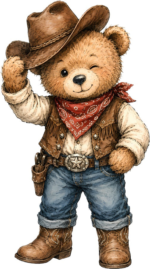 Cowboy Teddy Bear 100% Cotton Fabric Panel Block Quilt Square AAC215