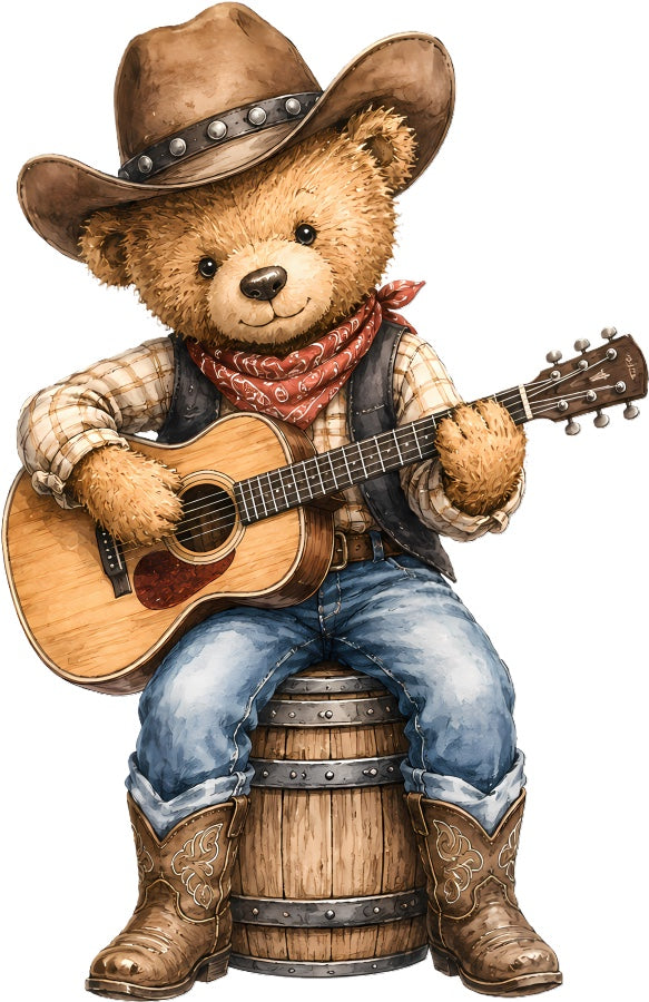 Cowboy Teddy Bear 100% Cotton Fabric Panel Block Quilt Square AAC217