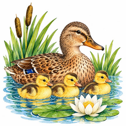 Pond Duck & Ducklings 100% Cotton Fabric Panel Block Quilt Square AAC222