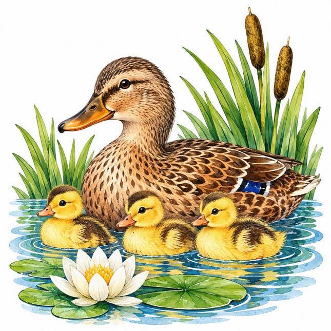 Pond Duck & Ducklings 100% Cotton Fabric Panel Block Quilt Square FLIP-AAC222