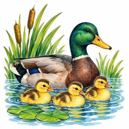 Pond Duck & Ducklings 100% Cotton Fabric Panel Block Quilt Square AAC223