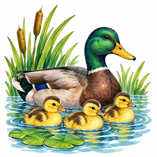 Pond Duck & Ducklings 100% Cotton Fabric Panel Block Quilt Square AAC223