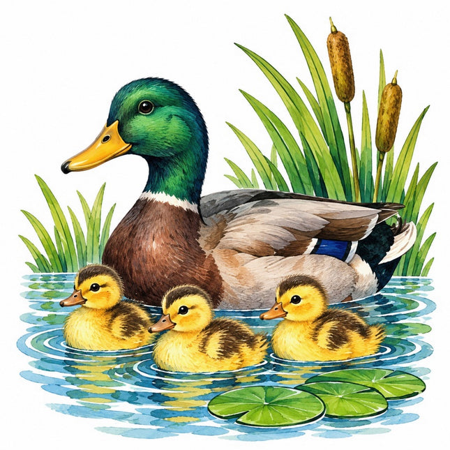 Pond Duck & Ducklings 100% Cotton Fabric Panel Block Quilt Square FLIP-AAC223