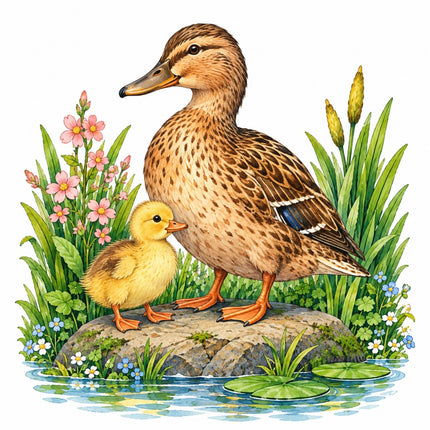 Pond Duck & Duckling 100% Cotton Fabric Panel Block Quilt Square AAC225