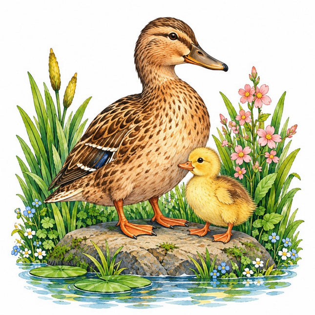 Pond Duck & Duckling 100% Cotton Fabric Panel Block Quilt Square FLIP-AAC225