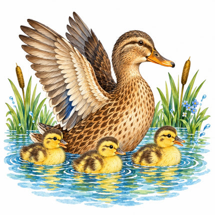 Pond Duck & Ducklings 100% Cotton Fabric Panel Block Quilt Square AAC227