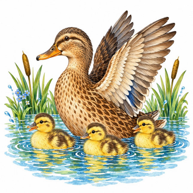 Pond Duck & Ducklings 100% Cotton Fabric Panel Block Quilt Square FLIP-AAC227