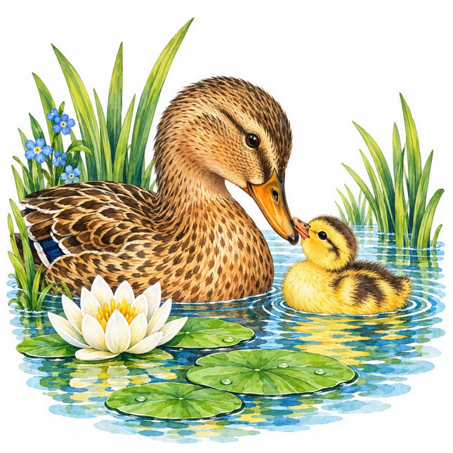 Pond Duck & Duckling 100% Cotton Fabric Panel Block Quilt Square FLIP-AAC230