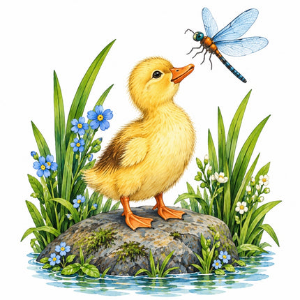 Pond Duck & Duckling & Dragonfly 100% Cotton Fabric Panel Block AAC231
