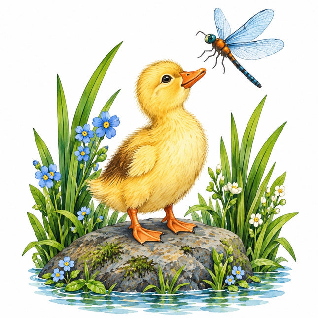 Pond Duck & Duckling & Dragonfly 100% Cotton Fabric Panel Block AAC231