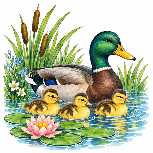 Pond Duck & Ducklings 100% Cotton Fabric Panel Block Quilt Square AAC232