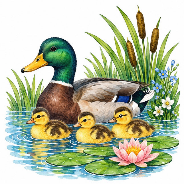 Pond Duck & Ducklings 100% Cotton Fabric Panel Block Quilt Square FLIP-AAC232