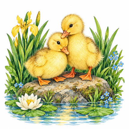 Pond Ducks & Ducklings 100% Cotton Fabric Panel Block AAC235