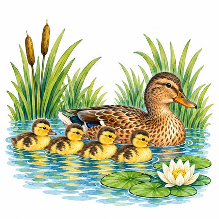 Pond Ducks & Ducklings 100% Cotton Fabric Panel Block AAC236
