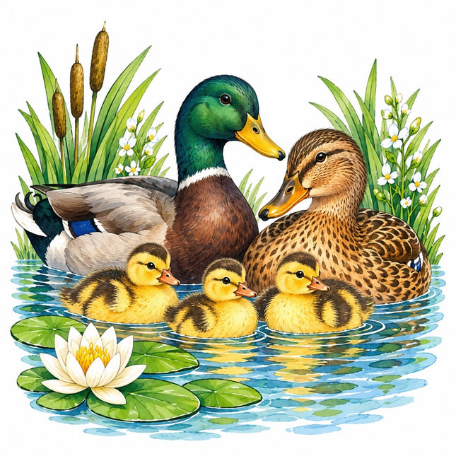 Pond Ducks & Ducklings 100% Cotton Fabric Panel Block AAC238