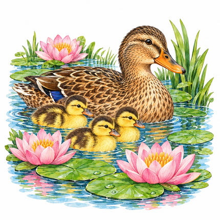 Pond Ducks & Ducklings 100% Cotton Fabric Panel Block AAC240