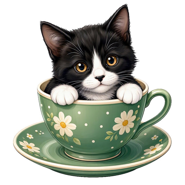 Cat in Teacup 100% Cotton Fabric Panel Block Quilt Square AAC3530