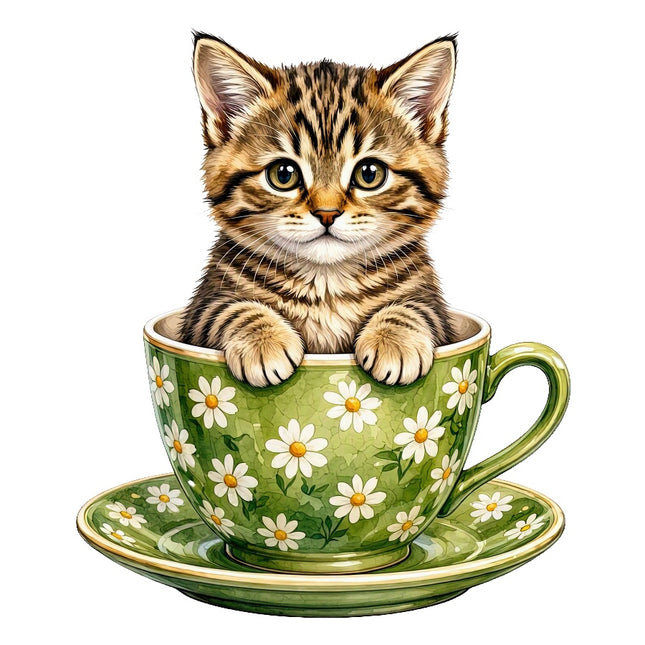Tabby Cat in Teacup 100% Cotton Fabric Panel Block Quilt Square AAC3532