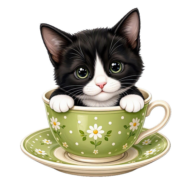 Tuxedo Cat Kitten in Teacup 100% Cotton Fabric Panel Block Quilt Square AAC3533