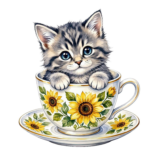 Kitten Cat in Teacup 100% Cotton Fabric Panel Block Quilt Square AAC3535