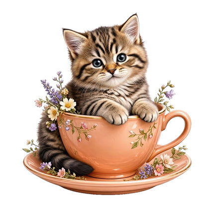 Kitten Cat and Teacup 100% Cotton Fabric Panel Block Quilt Square AAC3536