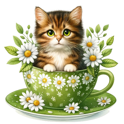 Kitten Cat in Teacup 100% Cotton Fabric Panel Block Quilt Square AAC3537