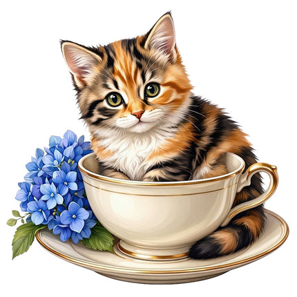 Calico Cat in Teacup 100% Cotton Fabric Panel Block Quilt Square AAC3538