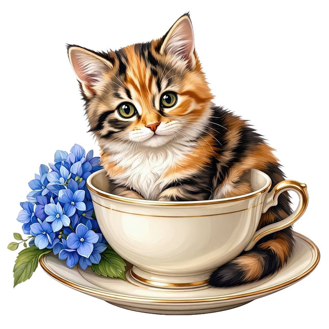 Calico Cat in Teacup 100% Cotton Fabric Panel Block Quilt Square AAC3538