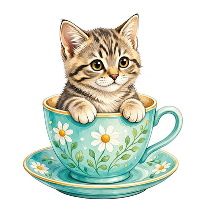 Cat in Teacup 100% Cotton Fabric Panel Block Quilt Square AAC3541