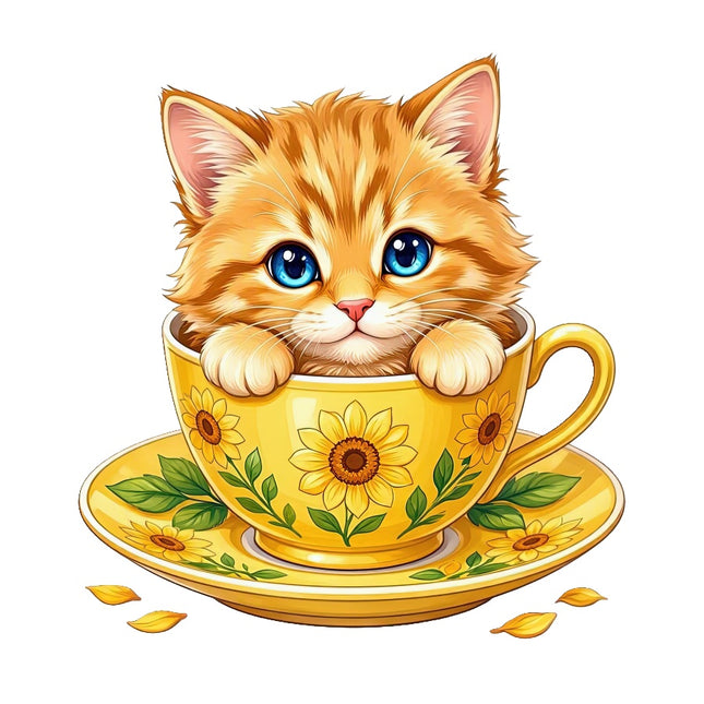 Cat in Teacup 100% Cotton Fabric Panel Block Quilt Square AAC3542