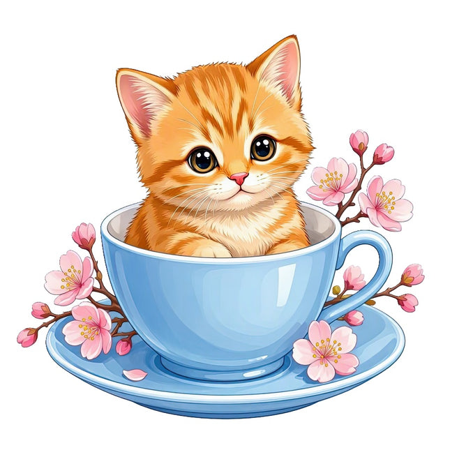 Orange Cat in Teacup 100% Cotton Fabric Panel Block Quilt Square AAC3543