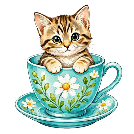 Kitten Cat in Teacup 100% Cotton Fabric Panel Block Quilt Square AAC3546