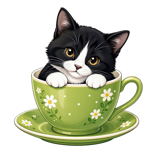 Kitten Cat in Teacup 100% Cotton Fabric Panel Block Quilt Square AAC3547