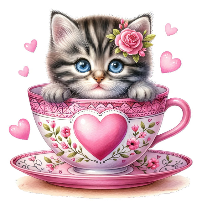 Kitten Cat in Teacup 100% Cotton Fabric Panel Block Quilt Square AAC3548