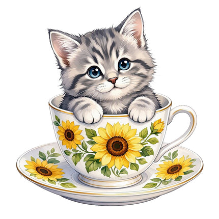Kitten Cat in Teacup 100% Cotton Fabric Panel Block Quilt Square AAC3549