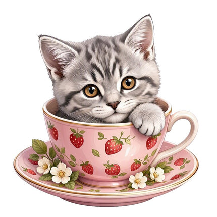 Kitten Cat in Teacup 100% Cotton Fabric Panel Block Quilt Square AAC3550