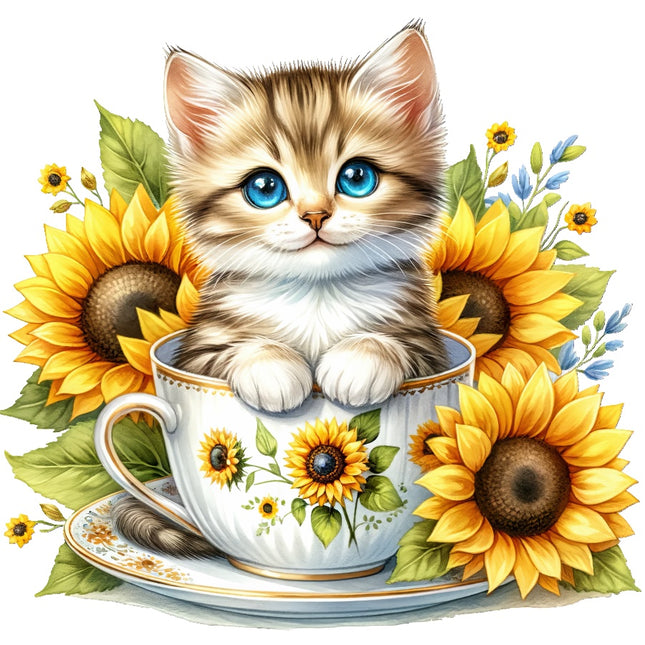 Kitten Cat Sunflowers Teacup 100% Cotton Fabric Panel Block Quilt Square AAC3551