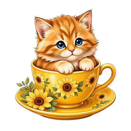 Kitten Cat in Teacup 100% Cotton Fabric Panel Block Quilt Square AAC3553