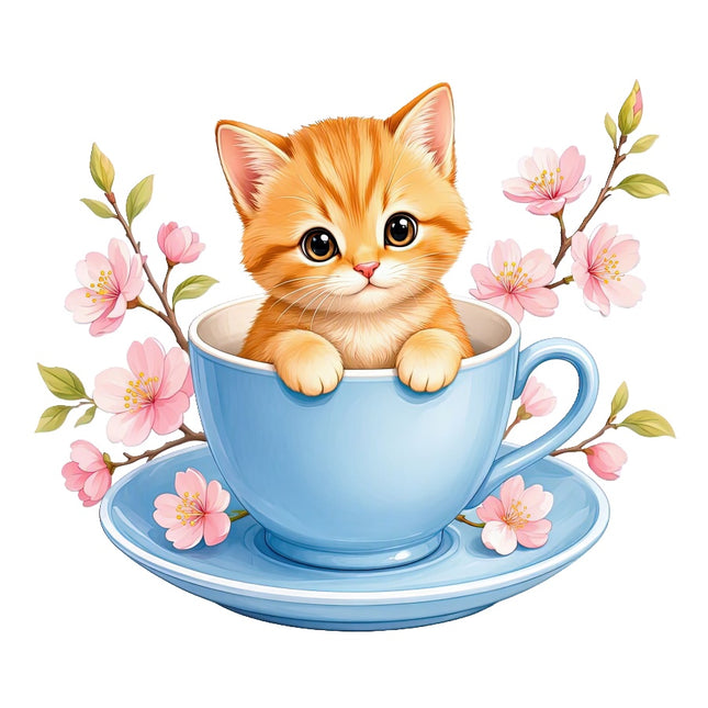 Kitten Cat in Teacup 100% Cotton Fabric Panel Block Quilt Square AAC3555