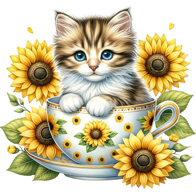 Kitten Cat Sunflowers Teacup 100% Cotton Fabric Panel Block Quilt Square AAC3559