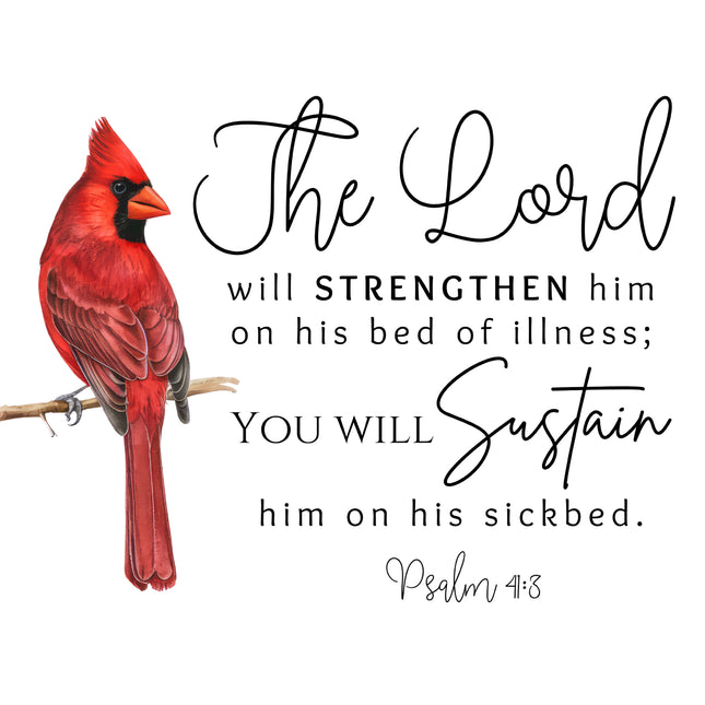 Psalm 41:3 Bible Verse Cardinal 100% Cotton Fabric Panel Block AB1003