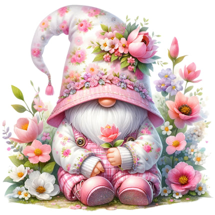 A digitally printed 100% cotton fabric panel featuring a cute gnome with a pink hat and flowers.